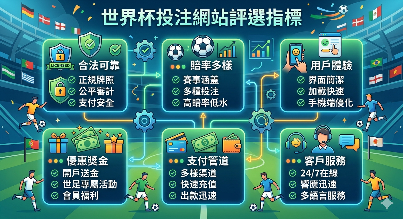 這張圖片以足球場為背景，上方標示「世界盃投注網站評選指標」為核心標題。 圖中列出了合法可靠、賠率多樣、用戶體驗、優惠獎金、支付管道及客戶服務等六大關鍵評選指標。
