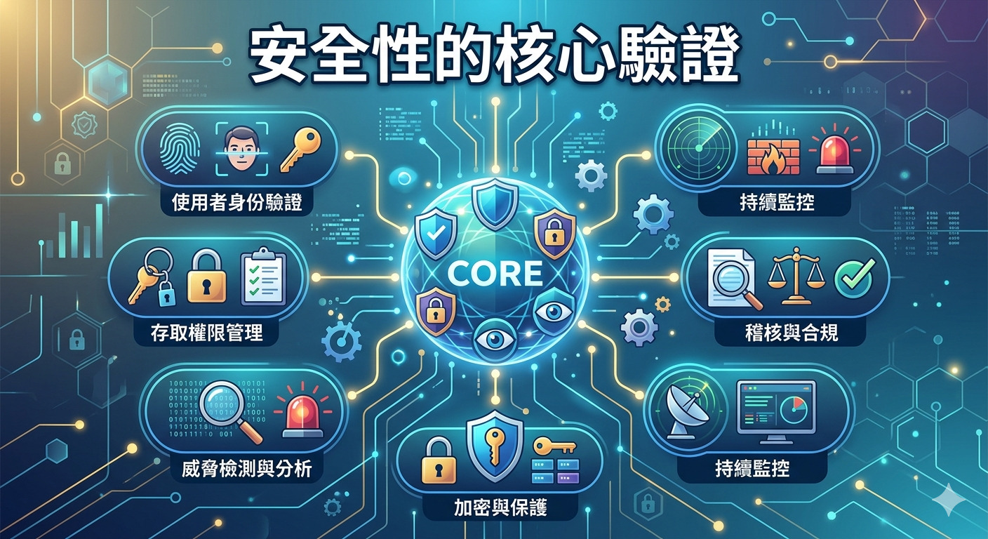 這張圖片以「安全性的核心驗證」為主題，展現了一個圍繞中央核心的數位資安防護架構。 圖中運用電路板與圖標設計，精準地呈現了身份驗證、加密保護及威脅監控等多個安全防禦維度。
