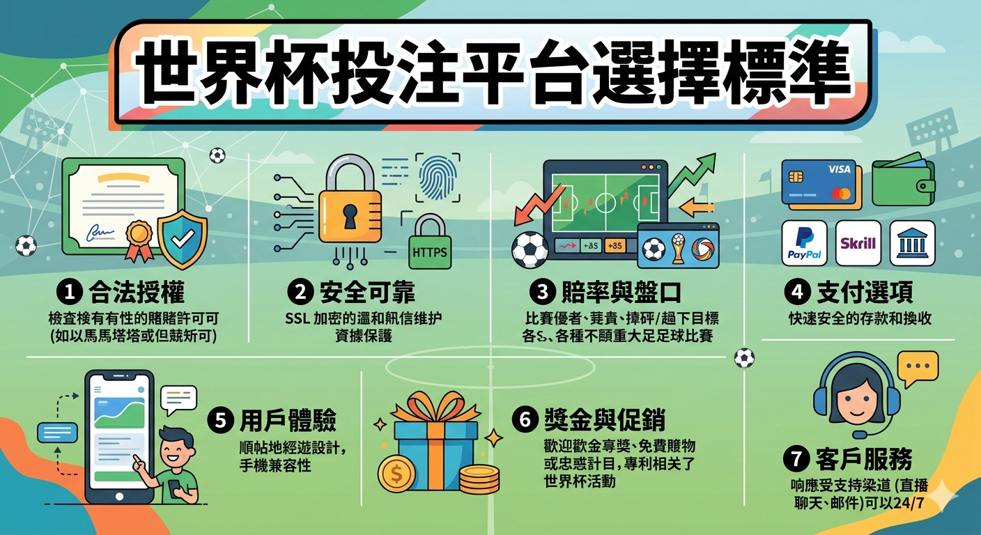 這張圖表列出了選擇世界杯投注平台的七大標準，包含合法授權、安全防護、賠率盤口、支付選項、用戶體驗、獎金促銷及客戶服務。 整體設計以足球場為背景，透過圖示化方式清晰呈現各項評估要點，協助用戶在選擇平台時進行全面參考。