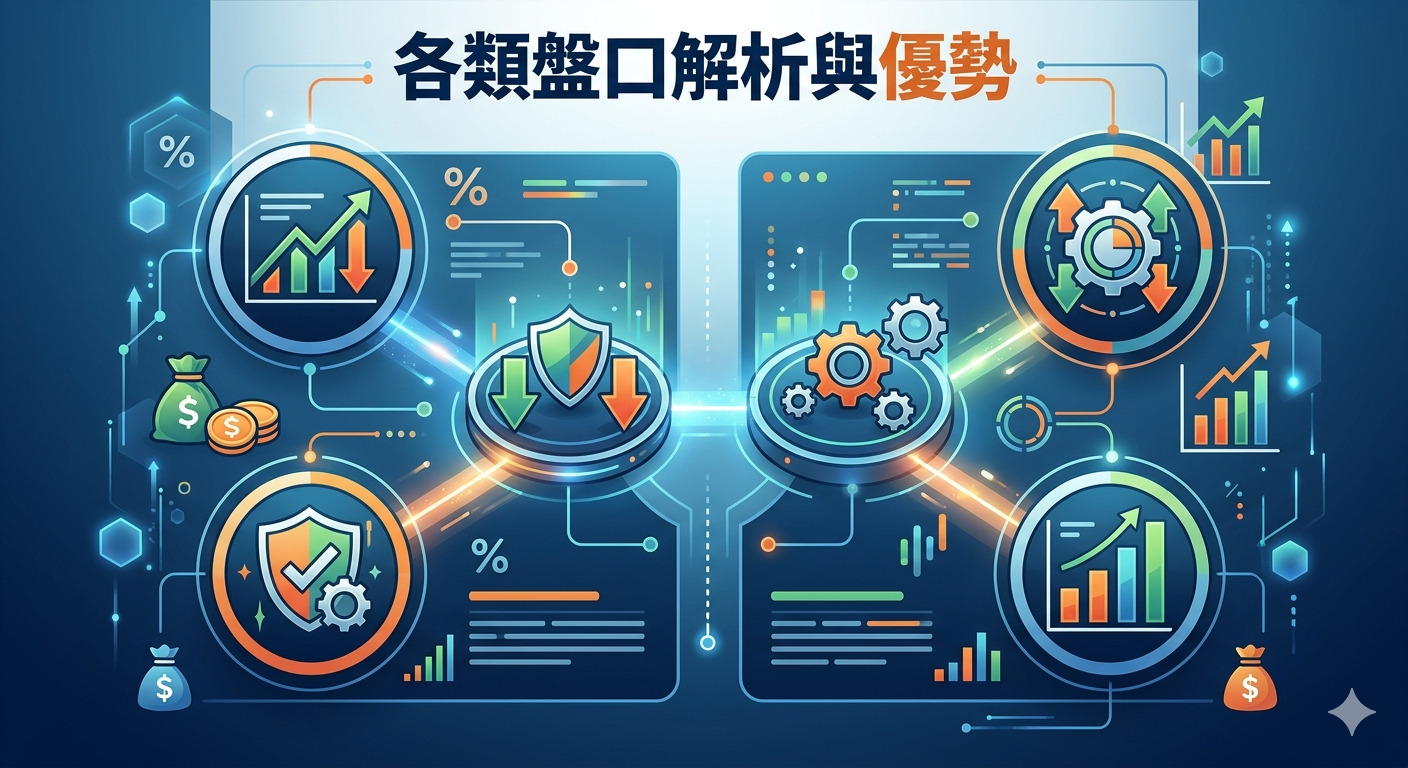 這是一張以「各類盤口解析與優勢」為主題的數據分析圖表，運用科技感的藍色調設計。 畫面中結合了圓形圖示、金融指標圖表與齒輪元素，象徵對市場數據的精準分析與優化策略。